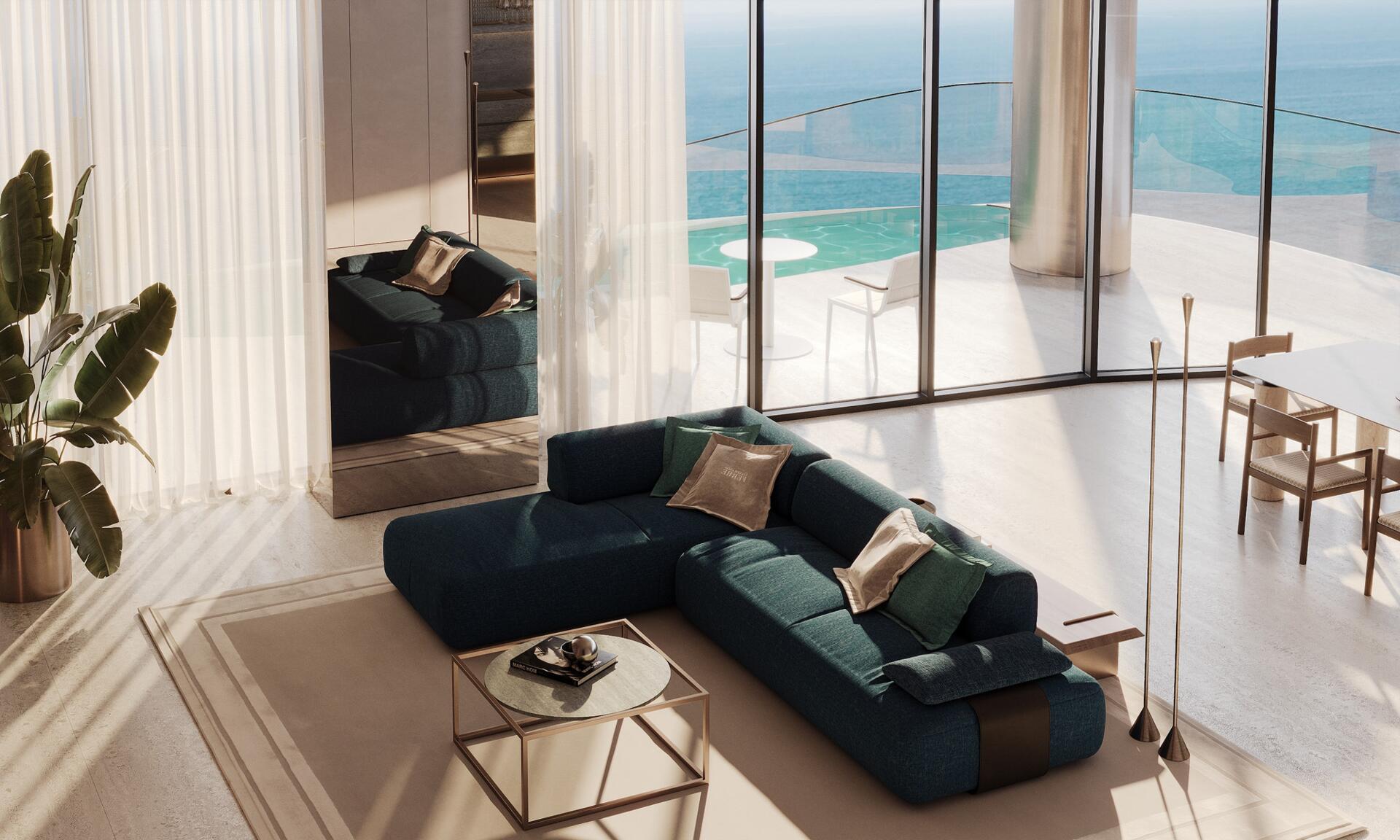 Salon avec vue mer dans un appartement de luxe