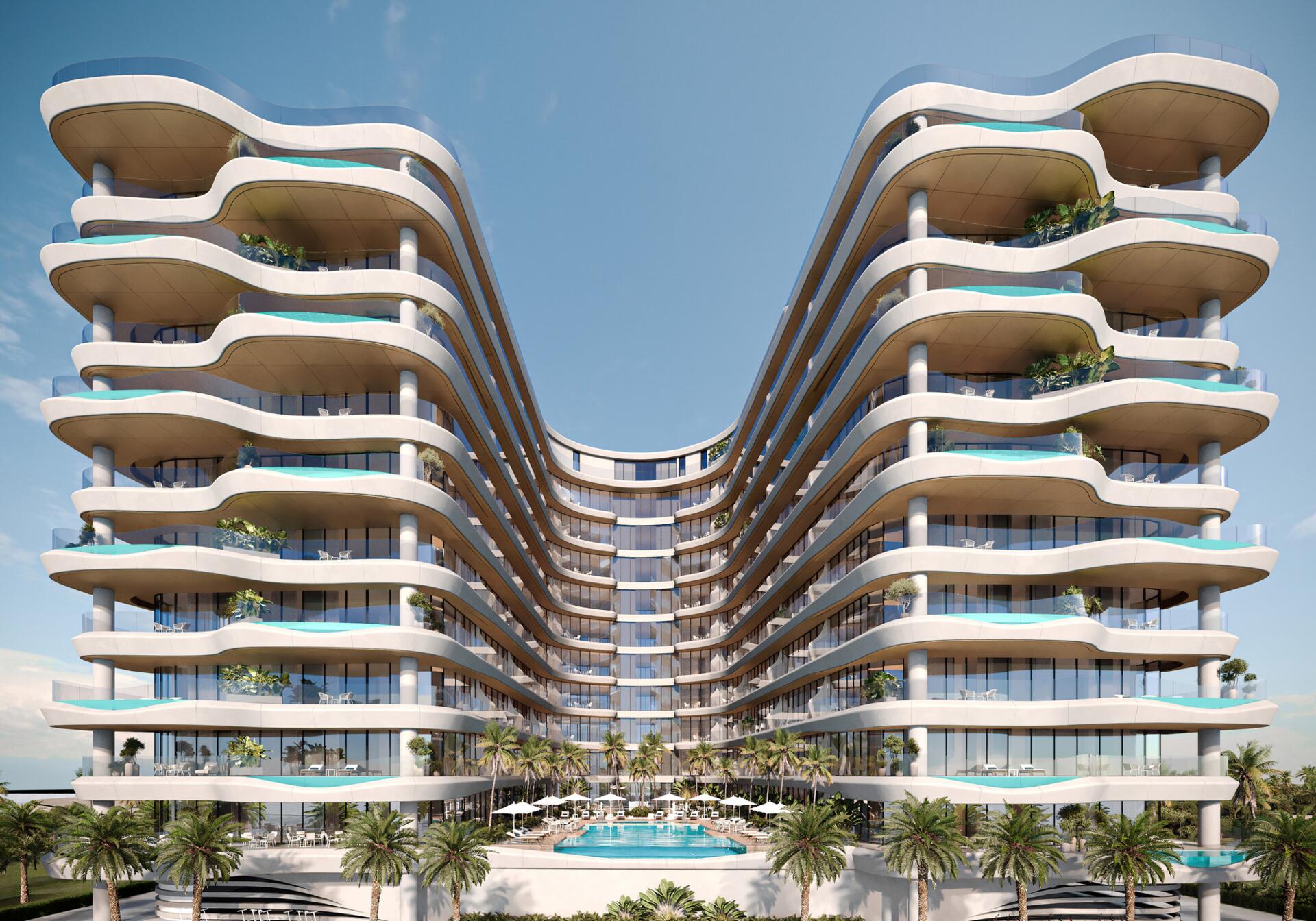 Vue sur la piscine et la mer depuis les résidences